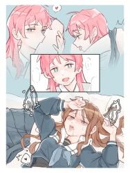 2girls after_cunnilingus bang_dream! bang_dream!_it's_mygo!!!!! bite_mark_on_leg biting_another's_leg brown_hair chihaya_anon commentary grey_eyes heart highres long_hair long_sleeves multiple_girls nagasaki_soyo oerba_yun_fang open_mouth panties panties_around_one_leg pink_hair pleated_skirt pussy_juice_on_face school_uniform sidelocks skirt spoken_heart tsukinomori_school_uniform underlion2567 underwear untranslatable_commentary unworn_skirt yuri