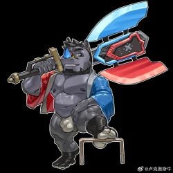 1boy anthro anthro_only asian_clothing axe axe_on_shoulder bad_weibo_id bara beard black_background black_hair blue_horn bulge capcom charge_blade chubby dad_bod dadbod full_body fundoshi furry furry_only gay grey_body grey_eyes grey_skin happi_(clothing) hi_res holding_axe holding_object holding_weapon horn japanese_clothes japanese_clothing luke_c419 male mature monster_hunter moob_grab musclegut muscles muscular muscular_arms muscular_legs muscular_male muscular_thighs navel nose_horn one_leg_up original original_character pecs rhinoceros rokushaku_fundoshi simple_background solo standing tabi underwear weapon_on_shoulder weapon_over_shoulder weibo_username white_clothing white_fundoshi white_outline white_underwear yan_long yaoi