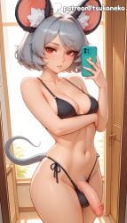 1futa 2026 ai_assisted ai_generated animal_ears anime artist_name breasts bust cellphone cock dick explicit futanari hi_res high_quality high_resolution highres holding_phone indoors mirror mouse_ears mouse_tail nazrin patreon patreon_username penis phone precum pubic_hair red_eyes selfie side-tie_bikini smartphone stable_diffusion tail touhou tsukoneko watermark window