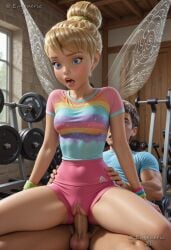 1boy age_difference ai_generated blonde_hair blue_eyes blush breasts clothed_sex cowgirl_position crotch_cutout crotchless disney eugenericai exercise fairy fairy_wings female gym hair_bun indoors leotard medium_breasts open_mouth penis peter_pan_(disney) pink_leotard pink_shorts pussy reverse_cowgirl_position sex sex_from_behind shirt short_hair short_sleeves shorts single_hair_bun spread_legs straddling straight testicles tinker_bell torn_clothes uncensored vaginal_penetration wings wristband