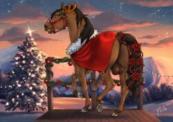 2025 animal_genitalia animal_penis anus balls blue_eyes blue_sky brown_balls brown_body brown_mane brown_tail cape clothing cloud dated dolero equid equine equine_anus equine_genitalia equine_penis erection fake_antlers fake_horns feral flared_penis genitals grin hi_res horse looking_at_viewer male male_feral mammal mane medial_ring orange_sky outside penis plant red_cape red_clothing rufciu side_view signature sky smile snow solo star sunset tail text tree url vein veiny_penis