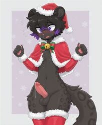 5_fingers ai_generated anthro arm_warmers armwear balls bell black_body black_fur black_hair blush blush_lines bodily_fluids bow_ribbon christmas christmas_clothing christmas_headwear claws clothing erection felid femboy finger_claws fingers fluffy flying_sweatdrops fur fur_trim furry genital_fluids genitals hair hair_between_eyes hat headgear headwear hi_res highlights_(coloring) leaking_precum legwear looking_down looking_down_at_self male mammal melanistic navel open_mouth pantherine pawpads penis pink_nose pink_pawpads pink_penis pink_tongue portrait precum purple_eyes purple_highlights santa_hat simple_background snow_leopard snowflake solo spots sweat sweatdrop tail thigh_highs three-quarter_portrait tongue tuft wide_hips