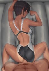 1boy 1girls 2d black_hair blush blush_lines censored censored_penis female female_focus female_penetrated hair human kuronami_(lvi) looking_back lvi male male/female male_penetrating male_penetrating_female mosaic_censoring oc original original_character sex sexual_intercourse short_hair swimsuit swimsuit_aside swimwear tan tan_body tan_skin tanline tanned tanned_female tanned_skin tomboy unseen_male_face very_short_hair