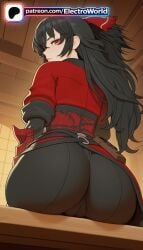 1girls 2026 ai_generated artist_name ass black_hair electroworld female hi_res high_quality high_resolution highres long_hair looking_at_viewer patreon patreon_username raven_branwen red_eyes rwby sitting solo stable_diffusion watermark