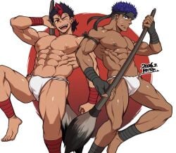 2boys abs armband armpits arms_up artist_name bandage bandaged_arm bandaged_leg bandaid bandaid_on_forehead bara beefy biceps big_areola black_hair blue_hair blush breasts bulge bulge_through_clothing calligraphy_brush dark_skin dated eight_pack eyelashes fingerless_gloves flaccid fundoshi fundoshi's_day fundoshi_only gay genital_outline gloves hachimaki headband hi_res holding_object hunk ink_brush japan_flag japanese_clothes jumping laugh long_hair looking_at_viewer male male_only manly markings mature_male moobs multicolored_hair muscles muscular muscular_arms muscular_legs muscular_male muscular_thighs no_body_hair one_eye_closed original original_character pecs purple_eyes quadriceps red_eyes red_hair rnsk8931_(rnsk_akatsuki) rokushaku_fundoshi scar scar_on_face scar_on_nose short_hair six_pack tied_hair topless tough_guy two-tone_hair very_high_resolution white_background white_fundoshi wink yaoi