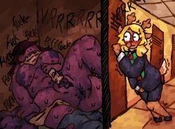 anthro antlers anus belly big_belly big_breasts biting_shirt blonde_hair blush blush_lines bottomwear bottomwear_around_one_leg bottomwear_down breasts buzzing clothed clothes_on_floor clothing clothing_around_one_leg corner covered_eyes dark_hair deer deer_ears deltarune duo embarrassed english_text female female/female freckled_breasts freckles fur genitals hair hair_over_eyes hand_on_floor hooves horn in_closet jacket mammal masturbation monster mostly_nude near_orgasm noelle_holiday onomatopoeia orange_body orange_fur panties panties_around_one_leg panties_down pants pants_around_one_leg partially_clothed profanity purple_body scalie scaliescum school scut_tail sex_toy shaking sharp_teeth short_tail slightly_chubby solo sound_effects spread_legs spreading susie_(deltarune) tail teeth text thick_thighs topwear trembling undertale_(series) underwear underwear_around_one_leg underwear_down vibrator voyeur vulva wand_vibrator