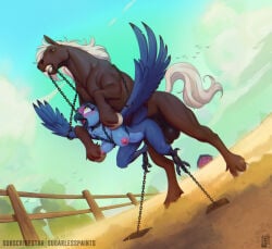 1boy 1girls anthro anthro_penetrated avian bdsm belly_riding bestiality bird blue_body blush bondage bound brown_body detailed_background duo equid equine feathered_wings feathers female female_penetrated feral feral_on_anthro feral_penetrating feral_penetrating_anthro hi_res horse male male/female male_penetrating male_penetrating_female mammal nude outside penetration penile penile_penetration sex sugarlesspaints undercarriage wings