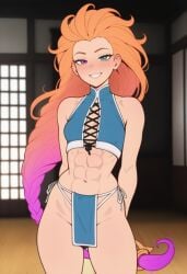 abs ai_generated dojo fit kunoichi league_of_legends looking_at_viewer ninja_girl sexy_body skimpy_clothes smiling training_room zoe_(league_of_legends)