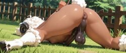 ai_generated ankle_tuft big_ass big_penis dark_skin face_down_ass_up hands_behind_back hands_tied horsecock puffy_anus puffy_nipples sheep_boy sheep_ears sheep_horns sheep_humanoid sheep_tail spread_legs thick_thighs white_hair wrist_tuft