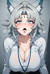 after_oral ai_generated animal_ears big_breasts cum_in_mouth cum_on_breasts feixiao_(honkai:_star_rail) grey_hair honkai:_star_rail office_clothing perchance_ai