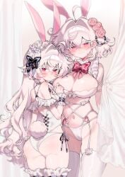 absurdres blush breasts bride cleavage commentary_request dress flower garter_straps hair_flower hair_ornament highres large_breasts long_hair oerba_yun_fang original pink_flower pink_rose playboy_bunny red_eyes rose savi_(byakushimc) short_hair simple_background skin_fang skirt_hold small_breasts standing strapless strapless_dress thighhighs veil wedding_dress white_background white_hair white_thighhighs