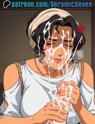 1boy 1boy1girl 1female 1girls 2025 2d ai ai_generated anger_vein anime anime_style annoyed annoyed_expression blood_of_zeus closed_eyes covered_in_cum cum cum_drip cum_on_face cumshot dark_hair electra_(blood_of_zeus) excessive_cum female handjob light-skinned_male light_skin male male/female mature_female milf mommy older_female seramic_seven short_hair tan_skin tanned-skinned_female