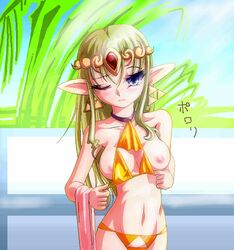 baka_(burst) bikini blonde_hair breasts earrings jewelry long_hair nintendo nipples ocarina_of_time oracle_of_ages oracle_of_seasons pixiv_manga_sample pointy_ears princess_zelda swimsuit the_legend_of_zelda translation_request triforce triforce_bikini wink zelda_(ocarina_of_time)