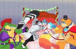 abs absurd_res alligator alligatorid anal anal_sex animal_genitalia animal_penis anthro bear bed big_tail bodily_fluids body_hair canid canine canine_genitalia canine_penis canis chest_hair christmas clothing collar crocodilian cum cum_inside felid five_nights_at_freddy's five_nights_at_freddy's:_security_breach flower frostburnwolf fur furniture genital_fluids genitals glamrock_freddy gloves grey_body grey_fur group halley_karillion handwear harness hat headgear headwear hi_res holidays humanoid_genitalia humanoid_penis kissing knot leash leash_pull leashed_collar lying male male/male mammal masturbation montgomery_gator monty_greymane multicolored_body multicolored_fur nipples on_back pantherine pawpads penetration penis plant pubes reptile scalie scottgames smile snow_leopard spikes spread_legs spreading steel_wool_studios tail wolf