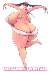 1girls ass backboob big_body big_body_small_head exhibitionism gigantic_breasts halterneck kneepits narashino_zoe small_head solo thighs twin_ponytails twintails venus_dimples virgin_killer_sweater white_background wide_hips