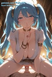 1boy1girl 1girl1boy ai_generated big_breasts blue_eyes blue_hair blush bottomless breast_focus breasts_focus cowgirl cowgirl_pose cowgirl_position dominant_female female female_focus female_on_top finger_on_lip finger_on_mouth greek_clothes greek_female greek_goddess horny horny_face horny_female large_breasts league_of_legends long_hair male_pov naughty naughty_face pov pov_eye_contact pov_male seducing seductive seductive_body seductive_eyes seductive_look seductive_pose shiny_skin shush shushing silence_gesture sona_buvelle very_long_hair waifuplay