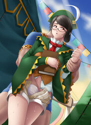 1boy bare_legs book brown_eyes brown_hair capcom deep_rising feathers female fingering glasses guildmarm_(monster_hunter) hand_under_clothes hat monster_hunter monster_hunter_4 muscle navel necktie open_shorts panties short_hair