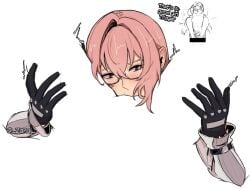 2girls black_gloves blush commentary cunnilingus english_commentary english_text female_pov glasses gloves hand_on_another's_thigh highres long_hair looking_at_viewer meme multiple_girls negative_space_cunnilingus_(meme) oral pink_hair pov semi-rimless_eyewear simple_background sweat trigger_(zenless_zone_zero) tsukishiro_yanagi twitter_username under-rim_eyewear white_background yuri zanqi zenless_zone_zero