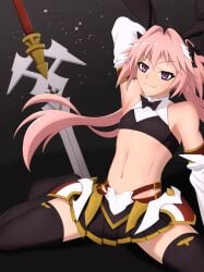 1boy 1femboy armpits arms_up astolfo_(fate) astolfo_(fate/apocrypha) astolfo_(saber)_(fate) astolfo_(sailor_paladin)_(fate) belly belly_button curvy femboy male pink_eyes pink_hair purple_eyes rabbit_ears skirt socks weapon