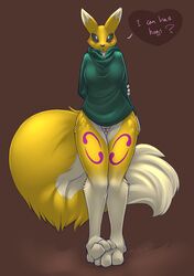 bottomless brown_background canine dialogue digimon english_text female fox heart looking_at_viewer plain_background pussy quadra renamon solo sweater text