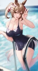 1girls boobs breasts brown_eyes brown_eyes_female brown_hair brown_hair_female bsmage female hair_between_eyes horse_girl hourglass_figure navel navel_visible_through_clothes open_mouth smart_falcon_(umamusume) swimsuit tail thick_thighs thighs tits umamusume v_sign wet wet_body wet_clothes wet_clothing wet_swimsuit woman