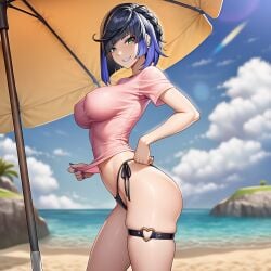 1girls ai_generated arched_back bare_hips bare_thighs beach beach_background beach_towel beach_umbrella blue_hair boxingchamp feet_out_of_frame female garter_straps genshin_impact green_eyes hand_on_hip hip_focus hoyoverse nail_polish navel_peek ocea ocean pink_shirt sand shirt_pull side-tie_bikini side_tie_panties side_view sideboob smile smile_at_viewer smiley_face standing thigh_focus thigh_squish thigh_strap tight_clothes tight_clothing tight_shirt upper_body upper_body_focus water yelan_(genshin_impact)