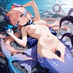 ai_generated areolae belly_button blue_eyes blue_hair blush breasts female fish fully_nude genshin_impact gloves long_hair lying_on_back mermaid naked nipples nude octopus pale-skinned_female pale_skin pink_hair pupilless_eyes pussy pussy_juice sangonomiya_kokomi solo_female tentacle tentacle_in_pussy two-tone_hair vaginal_penetration water