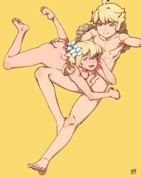 ac120 aether_(genshin_impact) blonde_hair brother brother_and_sister genshin_impact hand_on_ass incest lumine_(genshin_impact) short_hair sister teenage_female teenage_girl teenage_male teenager yellow_eyes