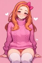 ai ai_generated blonde_hair blush brown_eyes cute_face female heart knitted_sweater no_panties no_pants oc orange_hair original_character pantless pastel_colors pink_background pink_headband pink_sweater pretty pubic_hair smiling smiling_at_viewer soft_shading soft_smile solo valentine's_day white_thigh_socks white_thighhighs
