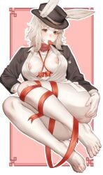 1girls areolae artist_signature black_eyes blush bottomless bow breasts breasts_focus breasts_out bun-zee bunny_ears chance_(forsaken) clothing feet female female_only forsaken_(roblox) hat heart itchy_maffin looking_at_viewer nipples partially_clothed ribbon roblox roblox_game robloxian self_upload solo tape valentine's_day white_body