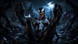 ai_assisted ai_generated black_skin black_suit breasts corrupted feet feet_fetish feet_focus feet_up female highres long_tongue looking_at_viewer marvel marvel_comics patreon pussy sharp_teeth she-venom spider-man_(series) symbiote tendrils tripleize vagina venom_(marvel) visible_pussy wallpaper watermark white_eyes