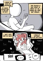 1boy 1boy1girl 1girls black_and_white crying crying_male cuckold dialogue dialogue_box english_text female joshin male malesub masturbation onomatopoeia pink_hair smartphone tulip_(joshin)