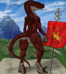 anthro back_view dinosaur dr_nowak female looking_at_viewer looking_back pussy roman_battle_standard scales scalie sickle_claws tail visigoth warrior