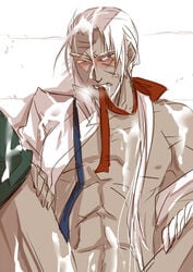 blazblue cum kikuyosho long_hair lowres male male_only ribbon valkenhayn_r._hellsing white_hair yaoi