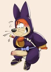 2026 anthro asian_clothing blush bodily_fluids canid canine canis clothed clothing digital_media_(artwork) domestic_dog dragon_ball east_asian_clothing embarrassed footwear foreskin fundoshi fur genitals herding_dog hi_res humanoid_genitalia humanoid_penis japanese_clothing katana male mammal melee_weapon orange_body orange_fur partially_clothed pastoral_dog penis sandals shoes shu_(dragon_ball) signature solo sweat sweatdrop sword tail underwear weapon welsh_corgi whiskers yellowluster