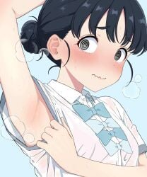1girls 2d 2d_(artwork) 2d_artwork @_@ arm_above_head arm_up armpit armpit_crease armpit_focus armpit_peek armpit_sweat armpits basori_tiara black-eyed_female black-haired_female black_eyes black_hair blue_background blush blush_face blushing_at_viewer blushing_female blushing_lines bra breasts collarbone digital digital_art digital_drawing digital_drawing_(artwork) digital_media digital_media_(artwork) drawing elbows embarrassed embarrassed_expression embarrassed_female eyebrows_visible_through_hair female female_focus female_only fingers flustered flustered_female hair_bun hairless_armpits hand_above_head hand_up high_resolution highres looking_at_viewer make_heroine_ga_oo_sugiru! posing posing_for_the_viewer presenting_armpit school_uniform see-through see-through_clothes see-through_clothing see-through_shirt see_through see_through_clothes see_through_clothing see_through_shirt shaved_armpits shiny_armpits short_hair shoulders simple_background small_breasts solo standing sweat sweat_on_body sweat_on_face sweatdrop sweating sweaty sweaty_armpit sweaty_armpits sweaty_body sweaty_face sweaty_female swirly_eyes tears to_bari underwear uniform upper_body wavy_mouth