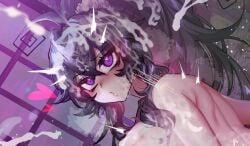 ahoge blush breasts bukkake commentary crawling_dreams crossed_bangs cum cum_on_hair double-parted_bangs english_commentary female from_side hair_between_eyes heart heart-shaped_pupils highres huge_breasts long_hair looking_at_viewer nude nyarla_(osiimi) osiimi paid_reward_available parted_lips ponytail purple_eyes purple_hair solo steaming_body symbol-shaped_pupils twitching upper_body