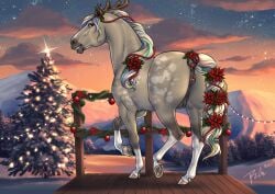 2025 animal_genitalia animal_vulva antlers anus blonde_mane blue_mane blue_sky blue_tail christmas christmas_tree cloud dated equid equine equine_anus equine_genitalia equine_vulva eyelashes female female_feral feral genitals grey_body grin hi_res holidays horn horse leg_markings looking_at_viewer mammal mane markings orange_sky pink_mane pink_tail plant presenting presenting_anus presenting_vulva purple_eyes rufciu signature sky smile socks_(marking) solo star sunset tail tree vulva yellow_tail