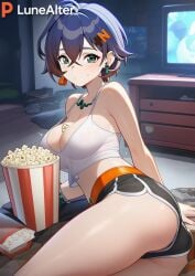 1girls ai_generated alternate_costume belle_(zenless_zone_zero) big_ass big_breasts big_butt big_thighs black_shorts blue_hair female female_focus female_only hoyoverse laying_down looking_at_viewer lunealter mature_female mihoyo multicolored_eyes multicolored_hair night no_bra pale-skinned_female pale_skin popcorn sfw short_hair shorts sweat thick_ass thick_butt thick_legs thick_thighs white_shirt worried zenless_zone_zero