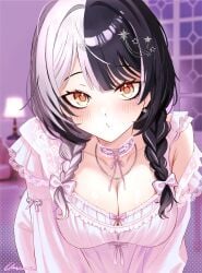 1girls braided_hair downblouse hololive hololive_english indoors leaning_forward shiori_novella solo_female twin_braids umirunie