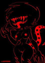 1girls 3_fingers 4_fingers big_hips black_background bone bones breasts demon demon_girl eyeless eyeless_female fangs female female_focus female_only four_fingers glitch glitchy hairless_pussy hourglass_figure hourglass_figured_female nipples original original_character pixel_(artwork) pixel_art pussy red_outline see-through_tail solo solo_female solo_focus tail tail_bones teeth thighs three_fingers tongue_out xierra099