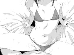 1boy arms_behind_back bikini bikini_bottom_aside breasts clothing_aside collarbone commentary_request female female_pubic_hair greyscale groin halterneck head_out_of_frame henyaan_(oreizm) kuroki_tomoko leaning_back monochrome navel necktie on_bed pov pubic_hair sex simple_background sitting small_breasts solo_focus stomach straight sweat swimsuit thighs vaginal_penetration watashi_ga_motenai_no_wa_dou_kangaetemo_omaera_ga_warui! white_background
