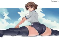 1girls ass atlus backboob big_ass bloomers blush bottomwear breasts brown_hair female female_only gym_clothes gym_uniform hair legs_spread legwear lips looking_back makoto_niijima persona persona_5 red_eyes shirt short_hair solo solo_female splits splits_position spread_legs spreading thats-lewdacris thick_thighs thighhighs thighs topwear white_shirt