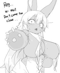 1girls alternate_breast_size anthro big_breasts black_and_white blush breasts embarrassed english english_text furry hair_covering_breasts huge_breasts large_breasts made_in_abyss meckmeck00124 nanachi paws shocked shocked_expression towel