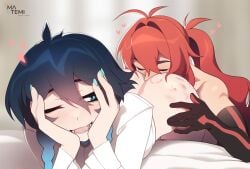 2boys anilingus aqua_nails ass bite_mark bite_mark_on_ass black_hair blue_hair blush bottomless closed_eyes commentary detached_sleeves diluc_(genshin_impact) english_commentary genshin_impact gradient_hair hair_between_eyes hands_on_own_cheeks hands_on_own_face heart highres long_hair looking_at_another looking_back lying male_focus matemi multicolored_hair multiple_boys on_stomach one_eye_closed open_mouth red_hair saliva shirt skin_tight two-tone_hair venti_(genshin_impact) white_shirt yaoi