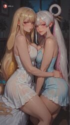 2girls 3girls ai_generated aisinful ass bare_shoulders big_ass big_breasts big_butt blonde_hair blush breasts chou_kaguya-hime! cleavage dark-skinned_female dress female girl_sandwich hair_ornament hi_res kaguya_(chou_kaguya-hime!) large_breasts lesbian long_hair looking_at_viewer medium_breasts multiple_girls runami_yachiyo sandwiched thick_thighs thighs twintails wide_hips yuri