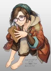 1girls alma_(monster_hunter_wilds) book brown_hair capcom feet glasses jacket monster_hunter monster_hunter_wilds pendant scarf shishamo_(shisyamo) sitting smile solo