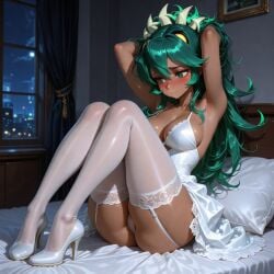1girls ai_art ai_generated big_ass blush brown_skin cute cute_face edswordsman fukua_(skullgirls) game girl green_eyes green_hair hentai horny long_hair medium_breasts panties pantsushot sexy shamone_(skullgirls) skullgirls solo stockings white_dress white_panties