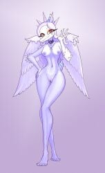 absurd_res alexsavenije anthro areola artist_name ass biped blue_body bone_frill breasts butt_from_the_front choker choker_only collar colored elbow_feathers fang_(gvh) feathered_wings feathers feet female fingers frill_(anatomy) front_view full-length_portrait genitals goodbye_volcano_high grey_body hair hand_on_hip hi_res humanoid_feet humanoid_genitalia humanoid_hands humanoid_vulva jewelry ko_op_(game_developer) long_hair looking_at_viewer markings medium_breasts mostly_nude_anthro mostly_nude_female navel necklace necklace_only nipples non-mammal_breasts non-mammal_navel non-mammal_nipples nude pinup plantigrade portrait pose prehistoric_species pterosaur red_eyes reptile scalie shaded short_tail simple_background smile solo spiked_collar spikes standing striped_markings stripes tail text toes vulva white_body white_feathers white_hair wide_hips wings