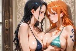 2girls 5_fingers ai_generated bare_shoulders bikini bikini_top black_bikini black_hair breasts brown_eyes catburglar_nami cleavage eyebrows eyelashes female female_only green_bikini green_eyes hand_on_another's_breast huge_breasts indoors jpg jpg_file light-skinned_female light_skin long_eyelashes long_hair long_legs nami_(one_piece) neckline nico_robin one_piece orange_hair pink_lips straw_hat_pirates string_bikini sunlight tattoo thick_thighs thighs thin_eyebrows toei toei_animation toei_company underboob very_long_hair water white_trim yuri